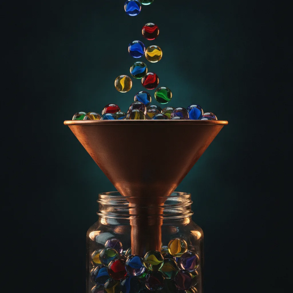 Coloured marbles falling through a copper funnel into a glass jar