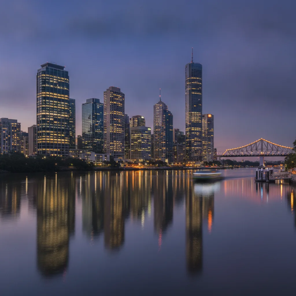 Brisbane CBD skyline and river at blue dusk with lit towers and ferry light trails