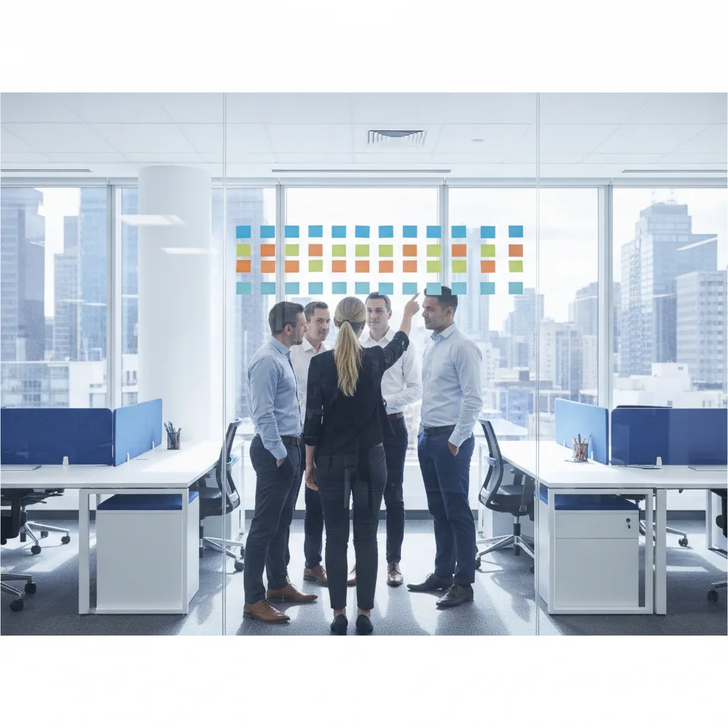 Team standing around a wall of coloured sticky notes in a bright Melbourne office