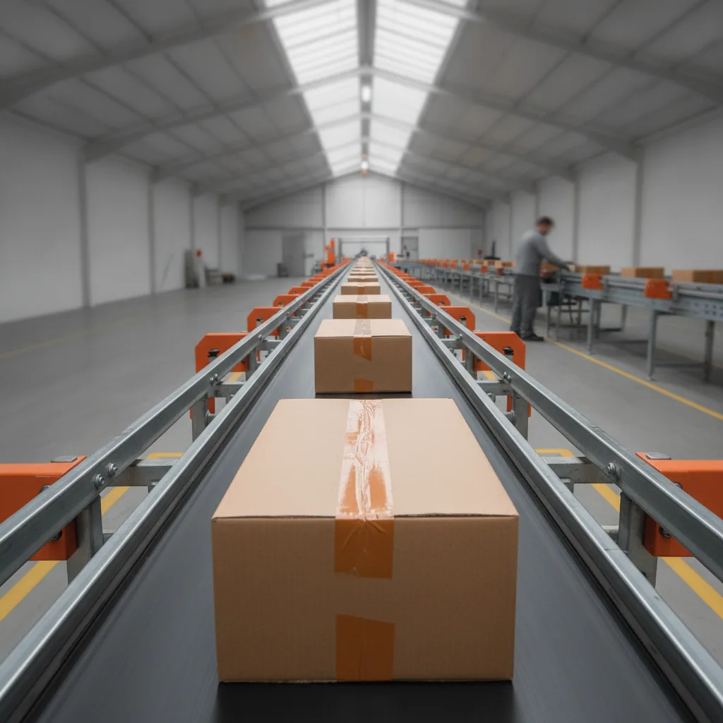Parcels moving along a conveyor belt in a bright warehouse toward a packing station