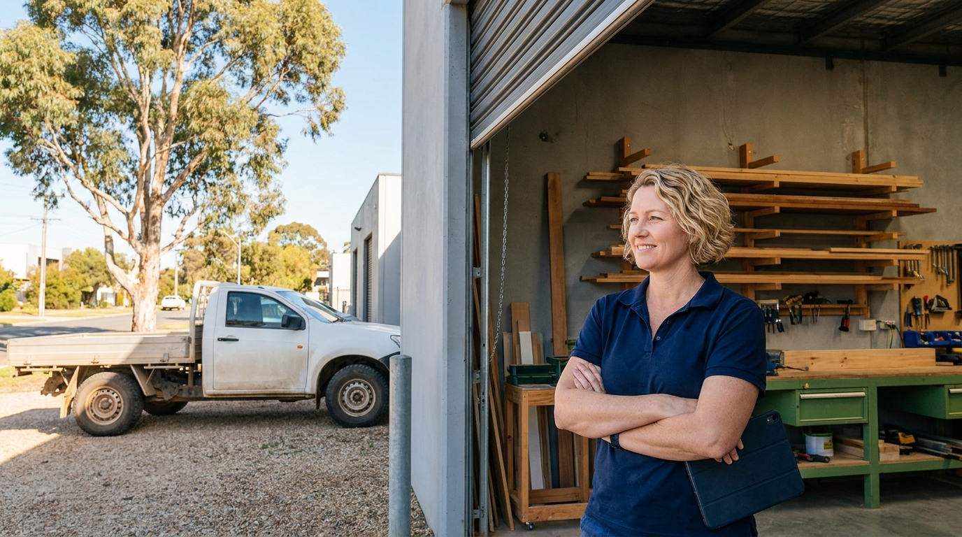 Australian small business owner standing in her workshop doorway at opening time