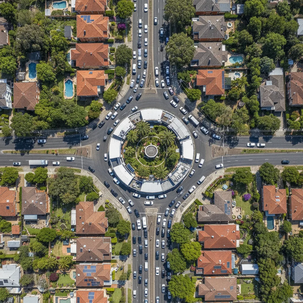 Aerial view of roads converging on a suburban shopping strip in bright daylight