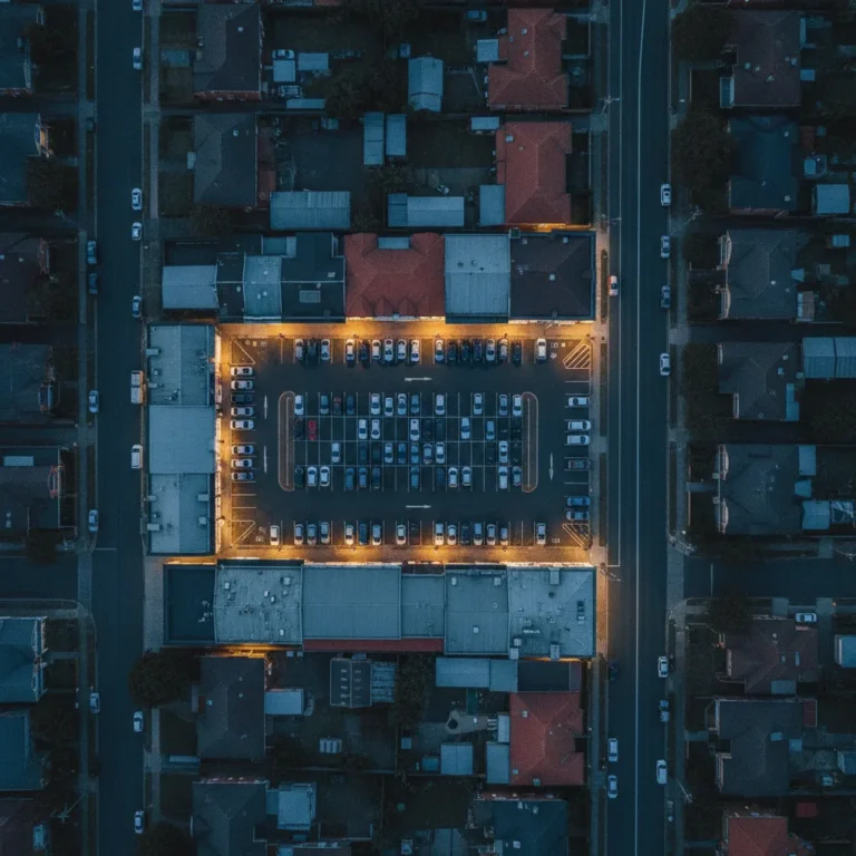 Aerial view of a suburban Australian shopping strip and streets at blue dusk