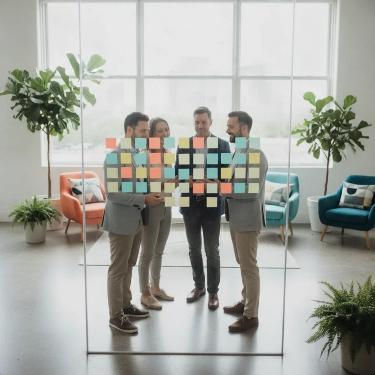 Four colleagues in a standing huddle at a wall of sticky notes in a bright studio