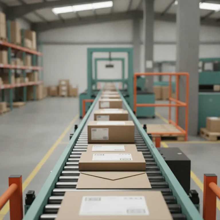 Parcels and folders moving along a conveyor belt inside a small warehouse