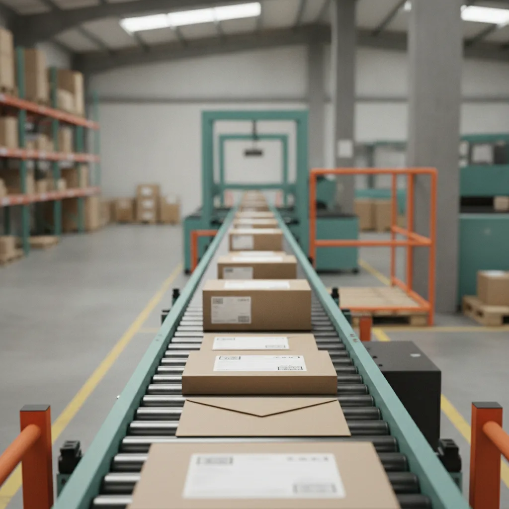 Parcels and folders moving along a conveyor belt inside a small warehouse