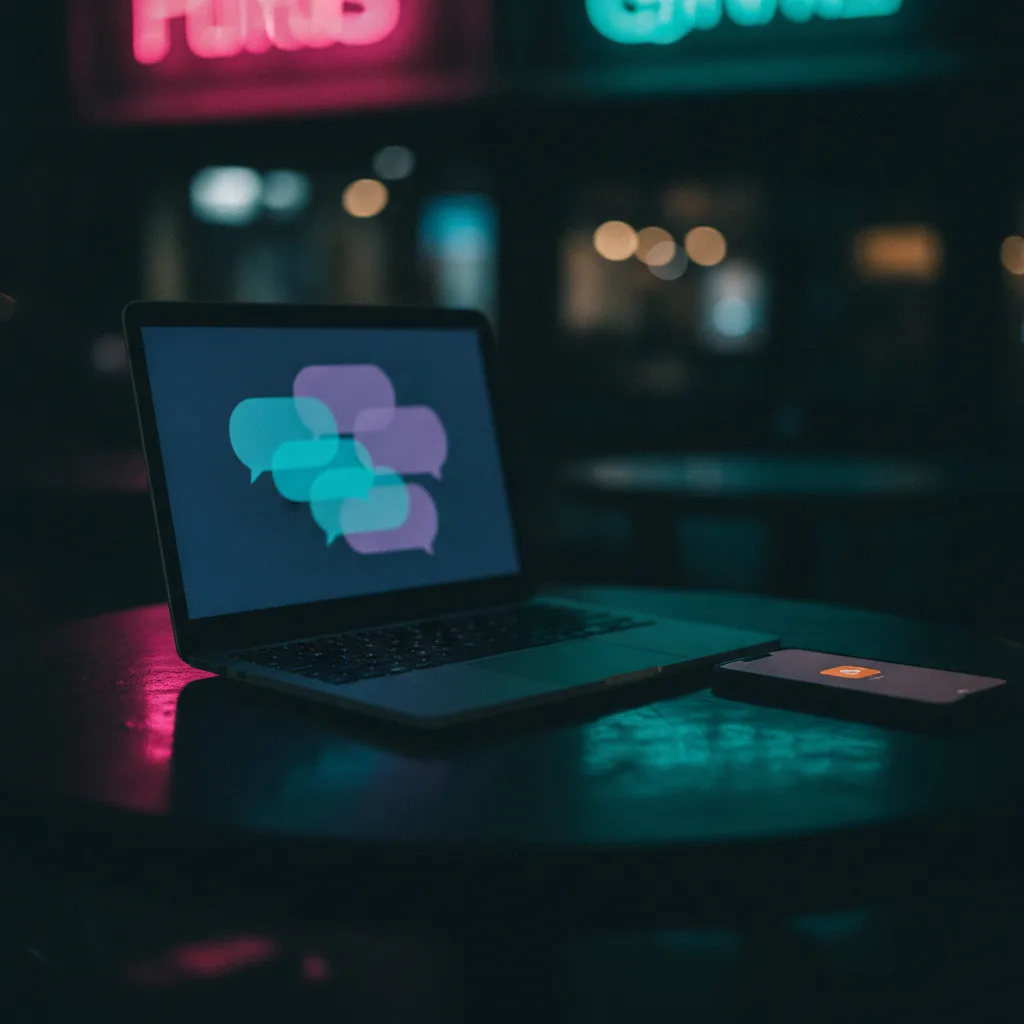 Laptop and phone glowing with a blurry chat interface on a dark cafe table at night