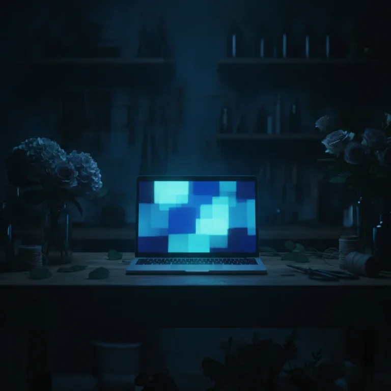 Glowing laptop screen on a dark workbench in a small shop at night