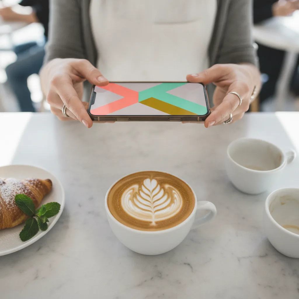 Barista photographing latte art on a marble cafe counter with a phone