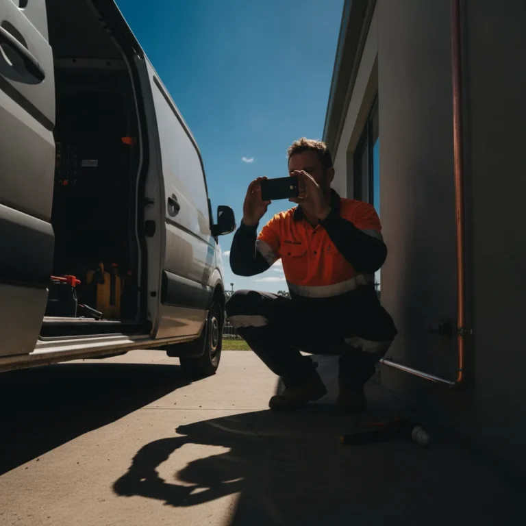 Plumber in hi-vis photographing finished pipework with his phone beside a white van