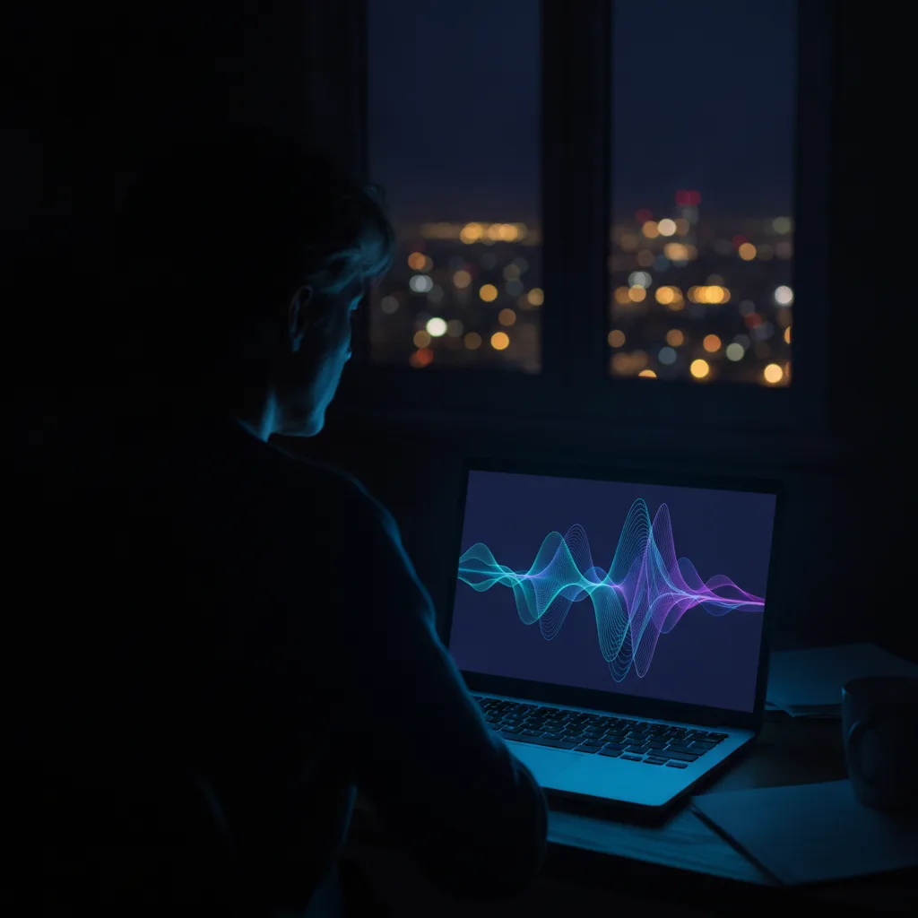A business owner at a glowing laptop showing an abstract audio waveform in a dim room at night