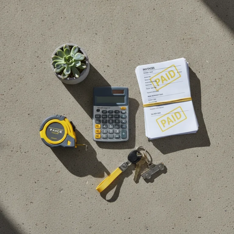 Flat-lay of calculator, invoices, ute keys and tape measure on a grey concrete bench