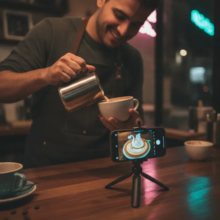 Cafe owner filming latte art on a phone under pink and teal neon light
