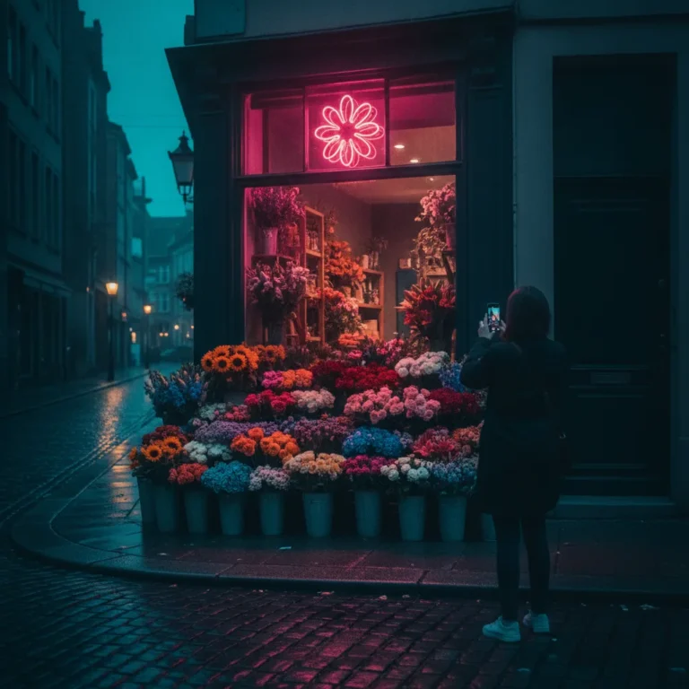 Florist shopfront at night with pink neon glow and flowers, a customer photographing the display with a phone