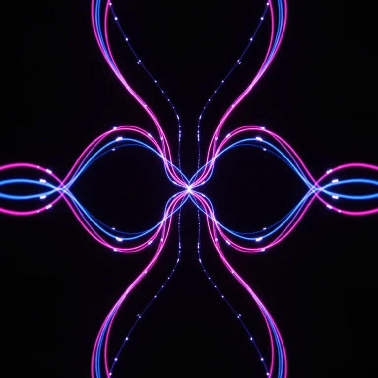 Abstract glowing blue and magenta sound waves flowing into a bright central point on a dark background