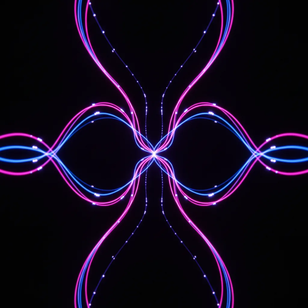 Abstract glowing blue and magenta sound waves flowing into a bright central point on a dark background