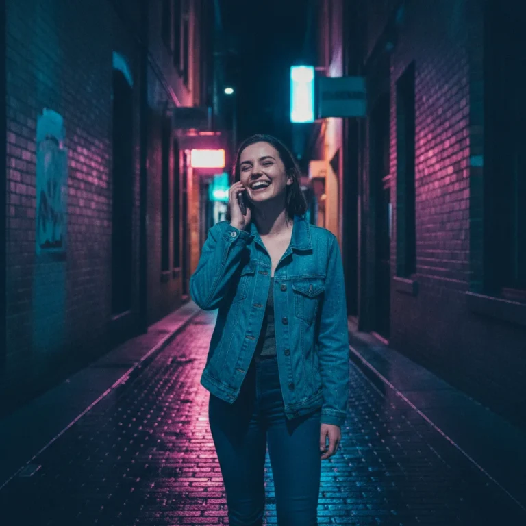 Woman on a phone call in a neon-lit laneway at night