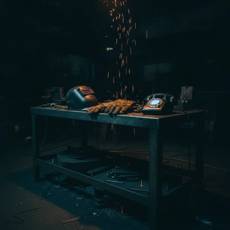 Phone lit up on a steel workshop bench beside a welding mask after hours