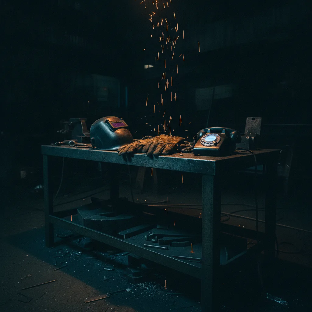 Phone lit up on a steel workshop bench beside a welding mask after hours
