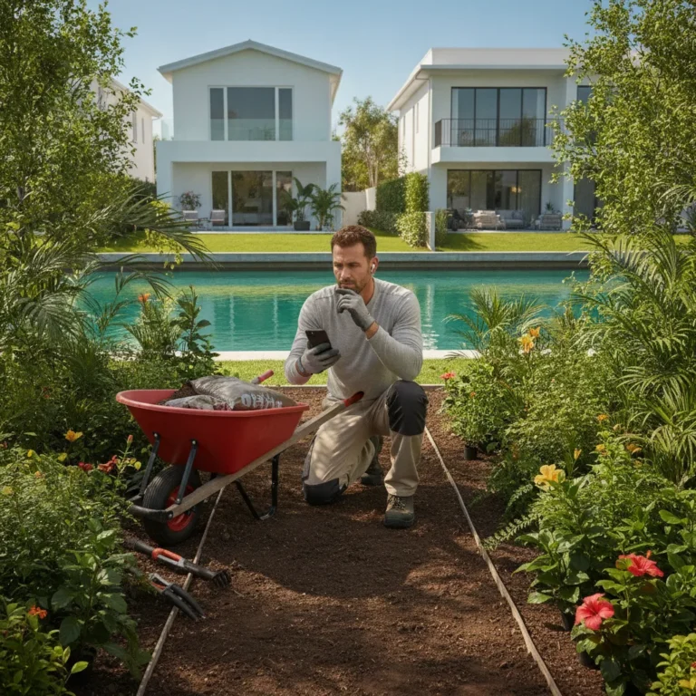 Landscaper on a Gold Coast job site pausing to take a phone call beside garden beds