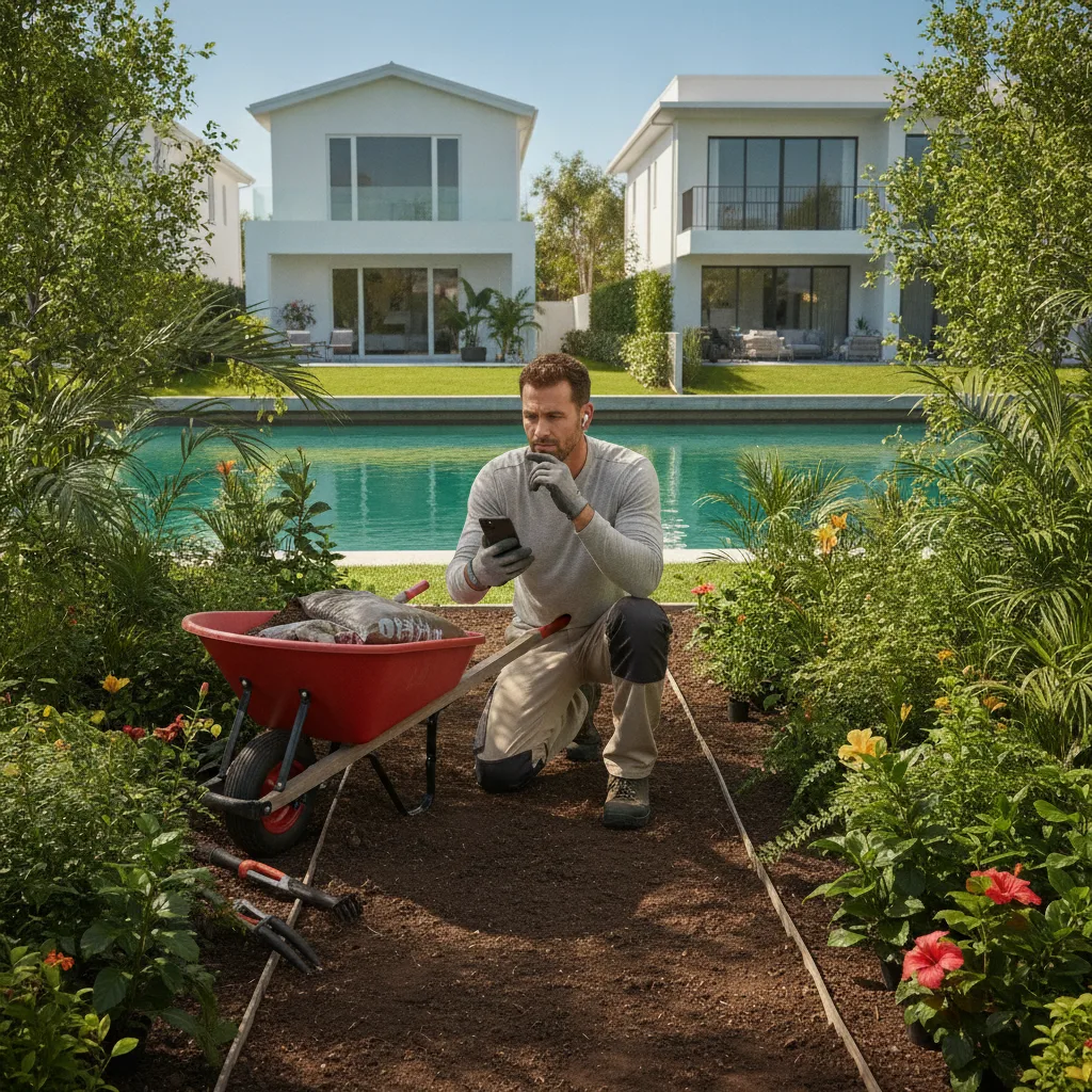 Landscaper on a Gold Coast job site pausing to take a phone call beside garden beds