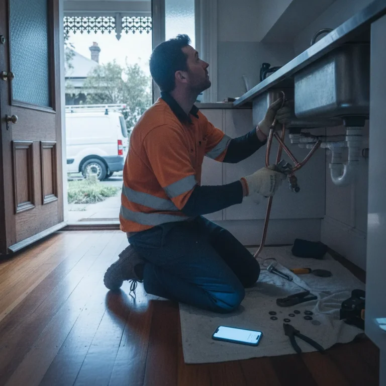 Plumber working under a sink with his phone glowing nearby and a work van outside a terrace house