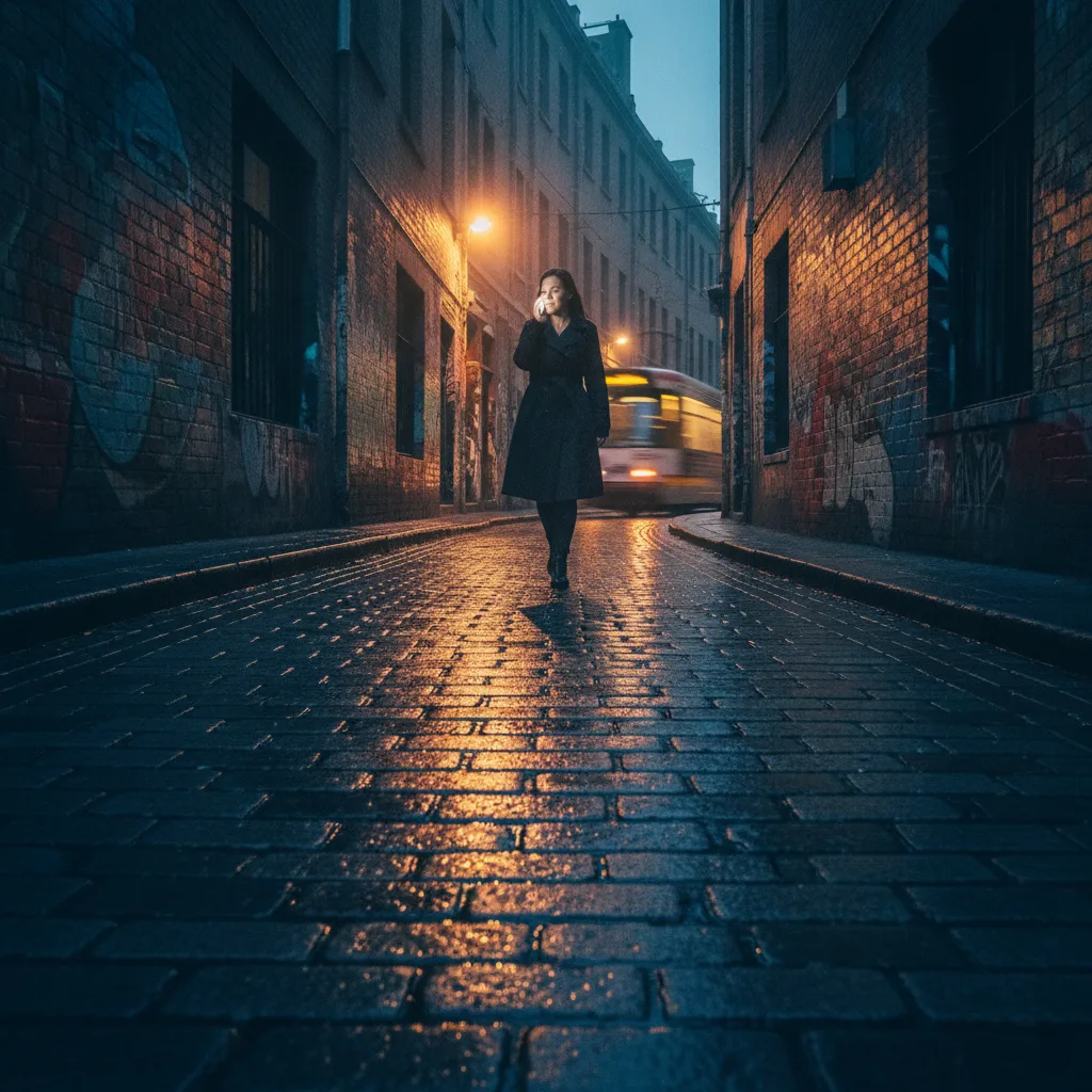Woman on a phone call in a Melbourne laneway at dusk with a tram glowing in the distance