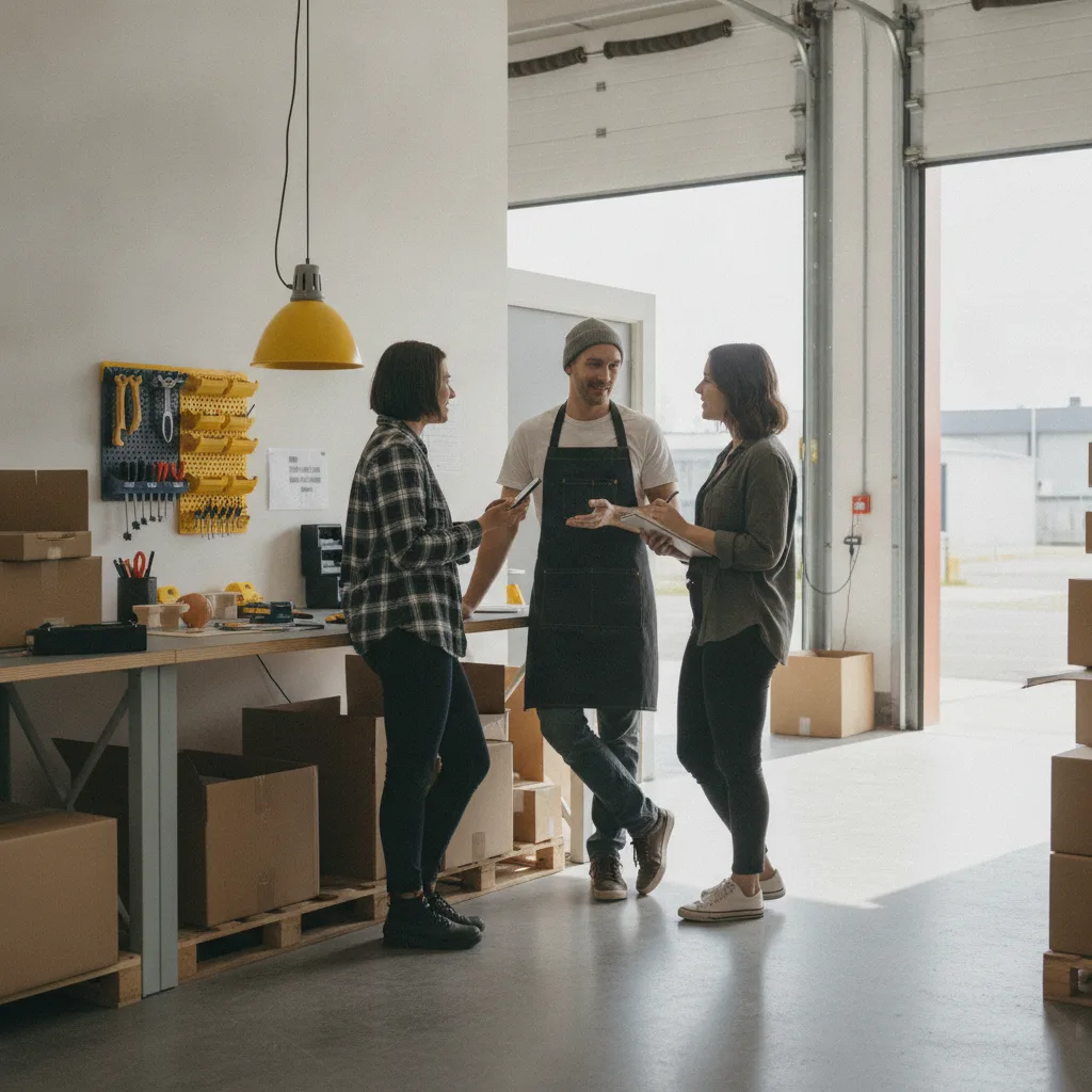 Three colleagues in a standing huddle in a bright warehouse office with a phone on speaker