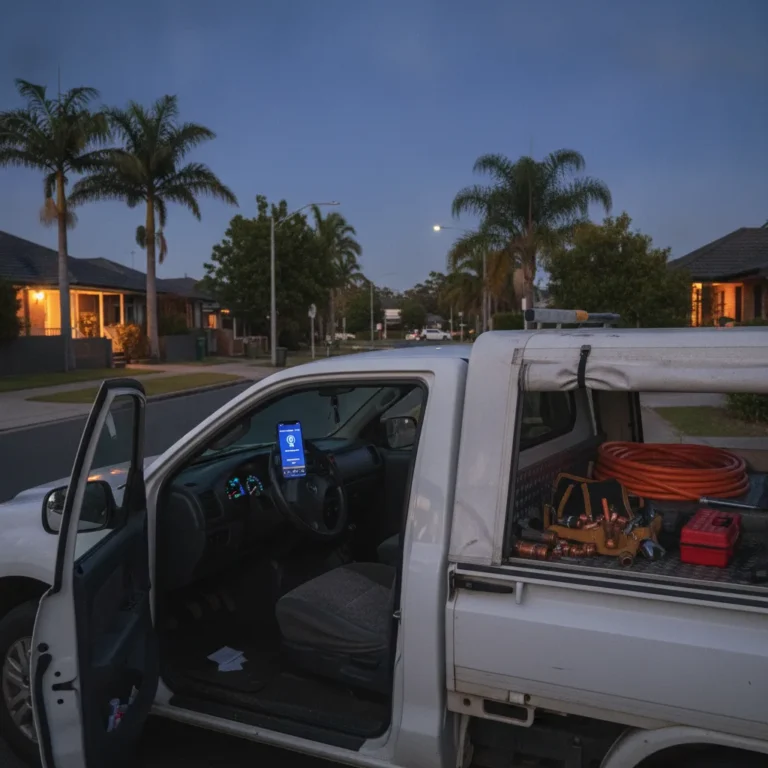 Work ute at dusk with a glowing phone on the dashboard receiving a call