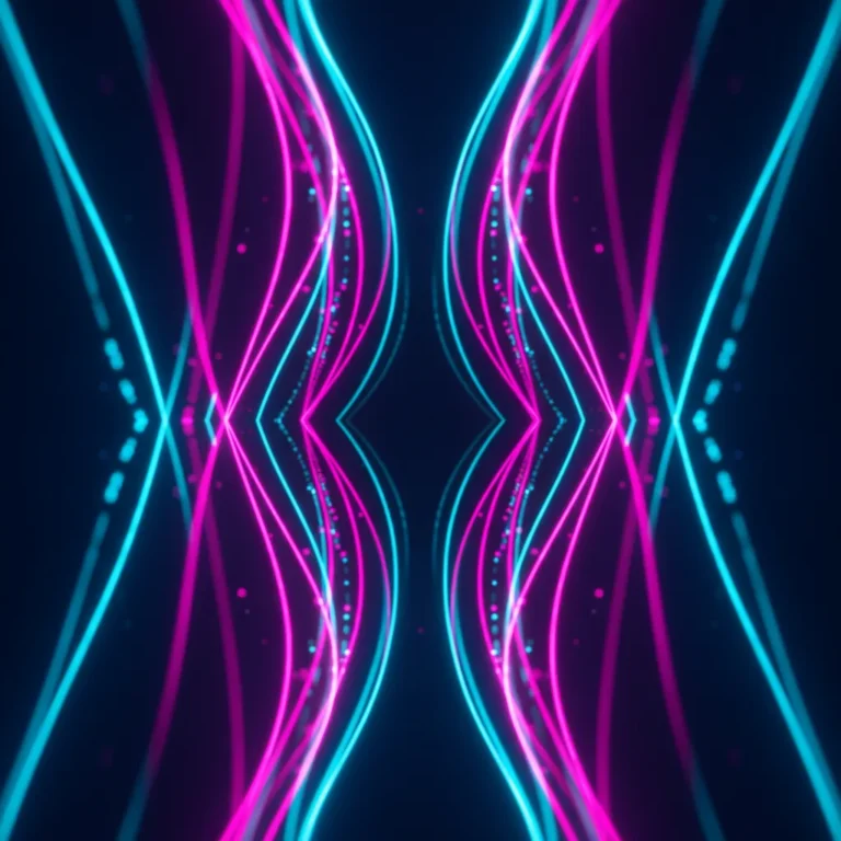 Abstract glowing magenta and cyan light ribbons suggesting sound waves in the dark
