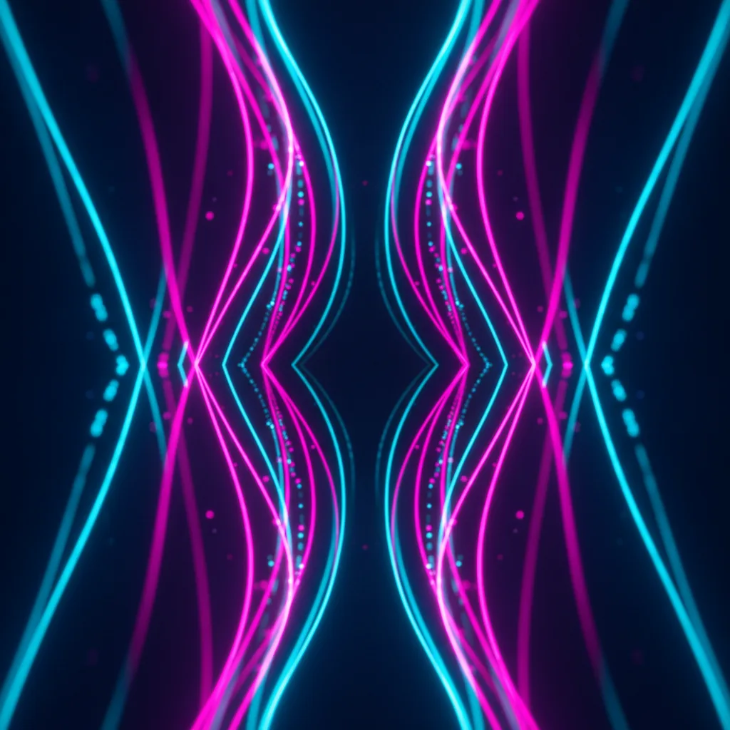 Abstract glowing magenta and cyan light ribbons suggesting sound waves in the dark