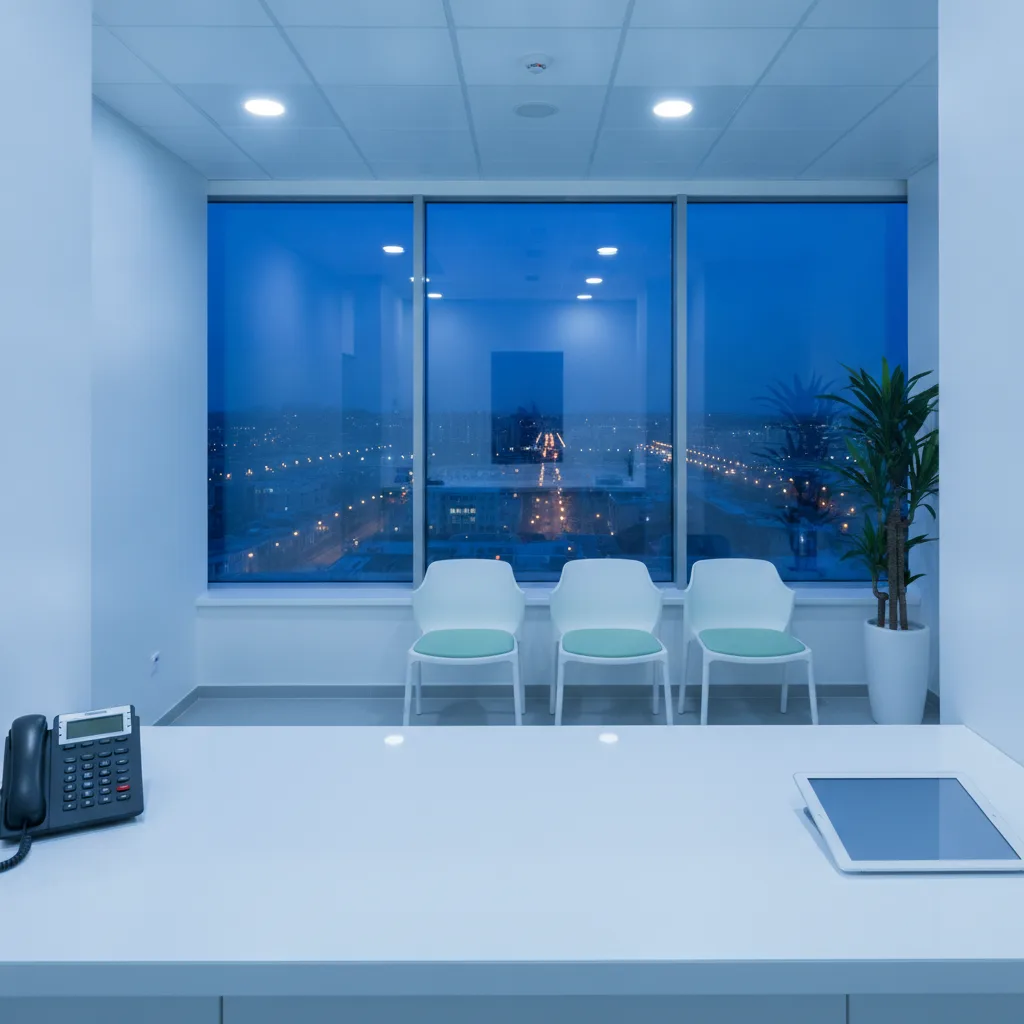 Empty dental clinic reception in the evening with a phone and tablet glowing on the counter