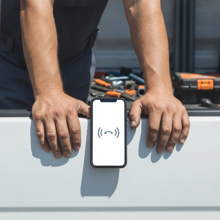 Plumber's dirty hands by a work van with a phone ringing on the door ledge