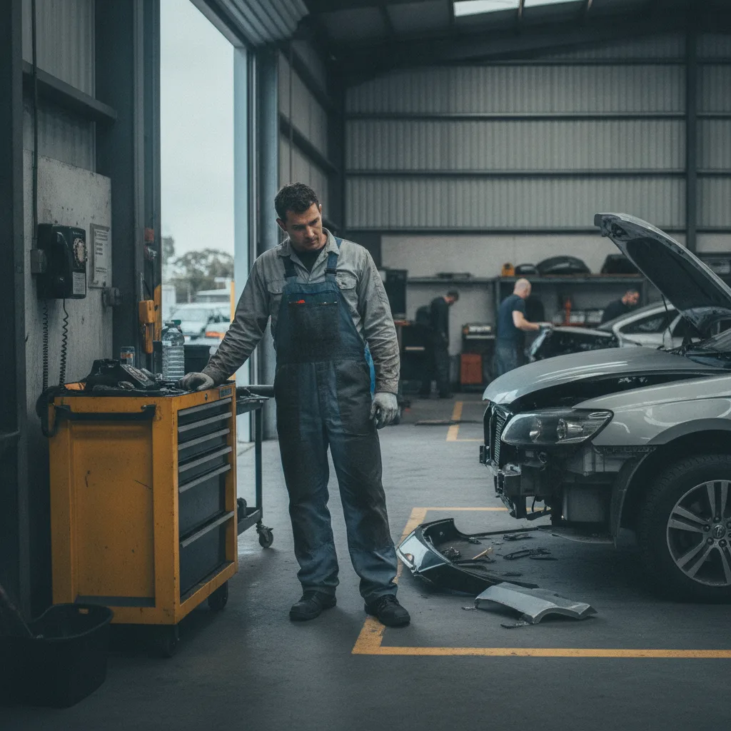 Mechanic in a Melbourne workshop beside a wall phone and a car under repair