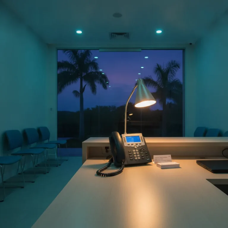 Quiet clinic reception at dusk with a lit desk phone and palms outside the window