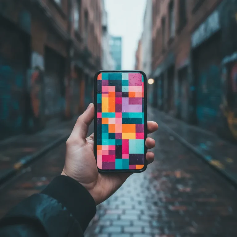 Hand holding a glowing smartphone in a Melbourne laneway