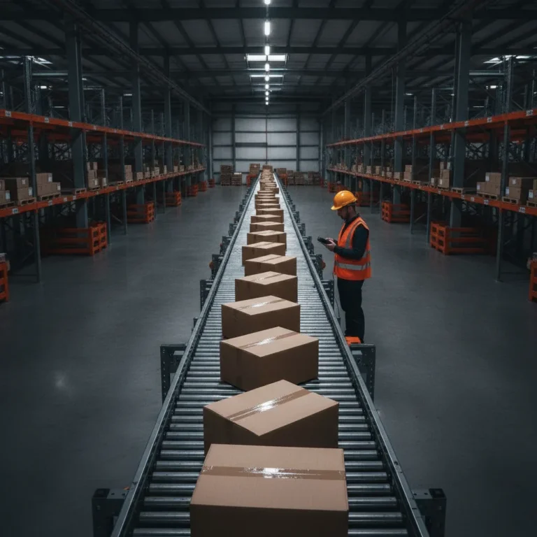 Parcels moving along a warehouse conveyor belt while a worker checks a scanner