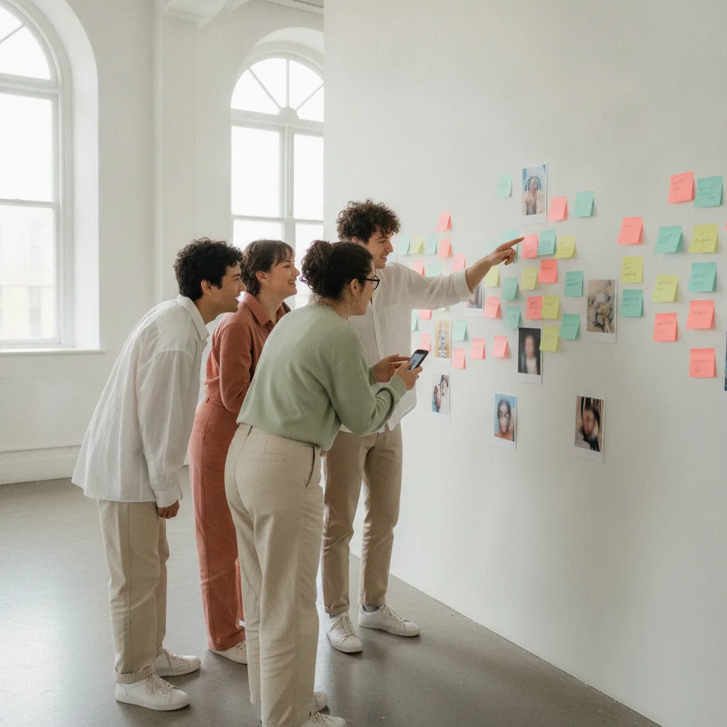 Small team standing in a huddle around a wall of colourful notes and photos in a bright studio