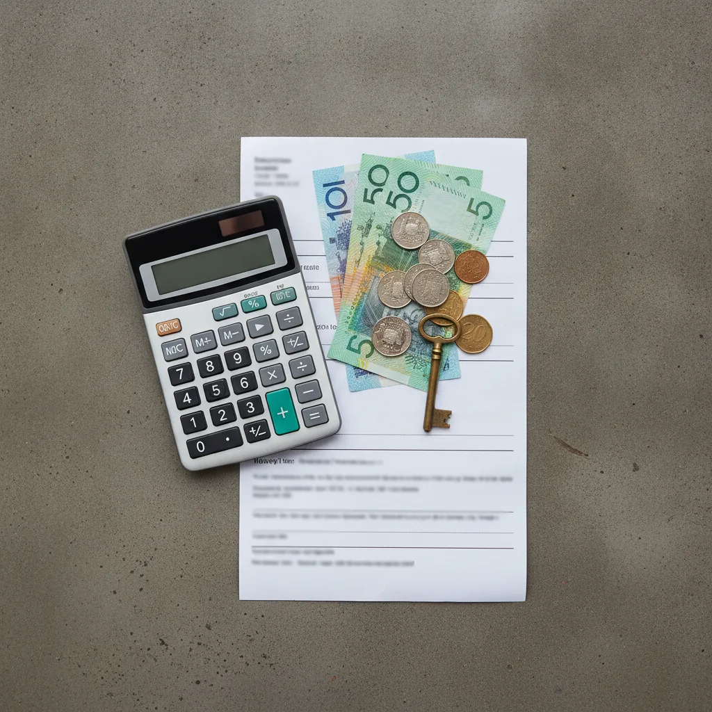 Calculator, Australian coins, banknotes, a brass key and an invoice on a grey concrete surface