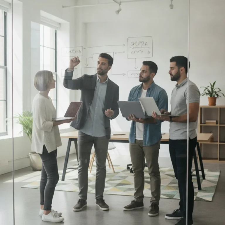 Consultant sketching a workflow on a whiteboard for a small team