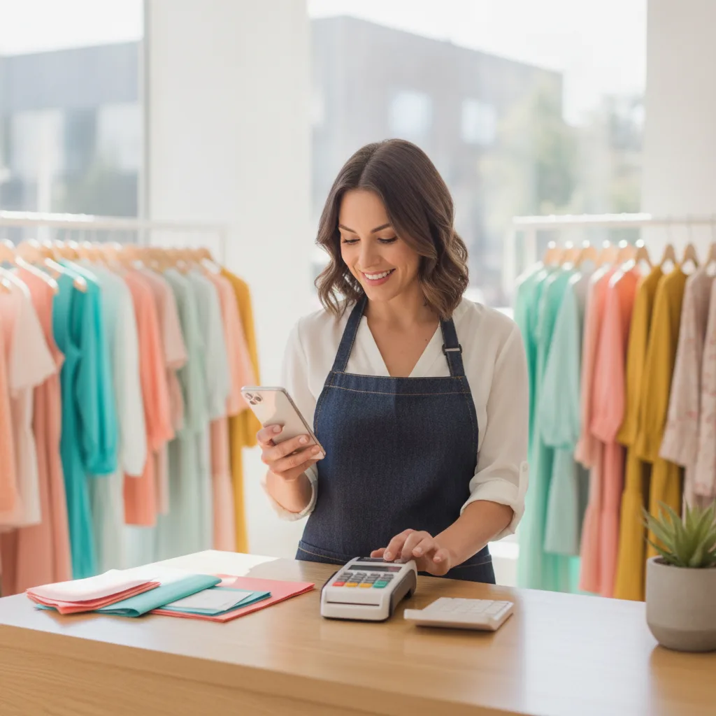 Boutique owner at the counter with phone, card terminal and calculator