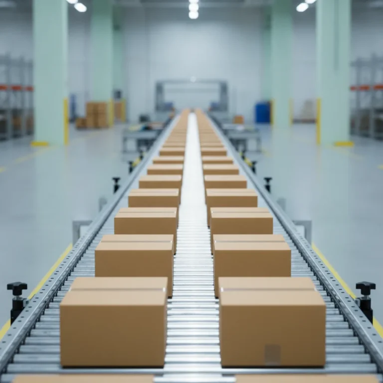 Evenly spaced cartons travelling along a conveyor belt inside a tidy warehouse