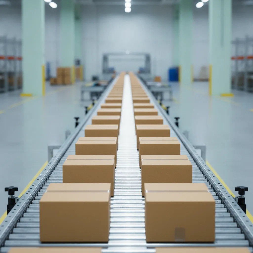 Evenly spaced cartons travelling along a conveyor belt inside a tidy warehouse