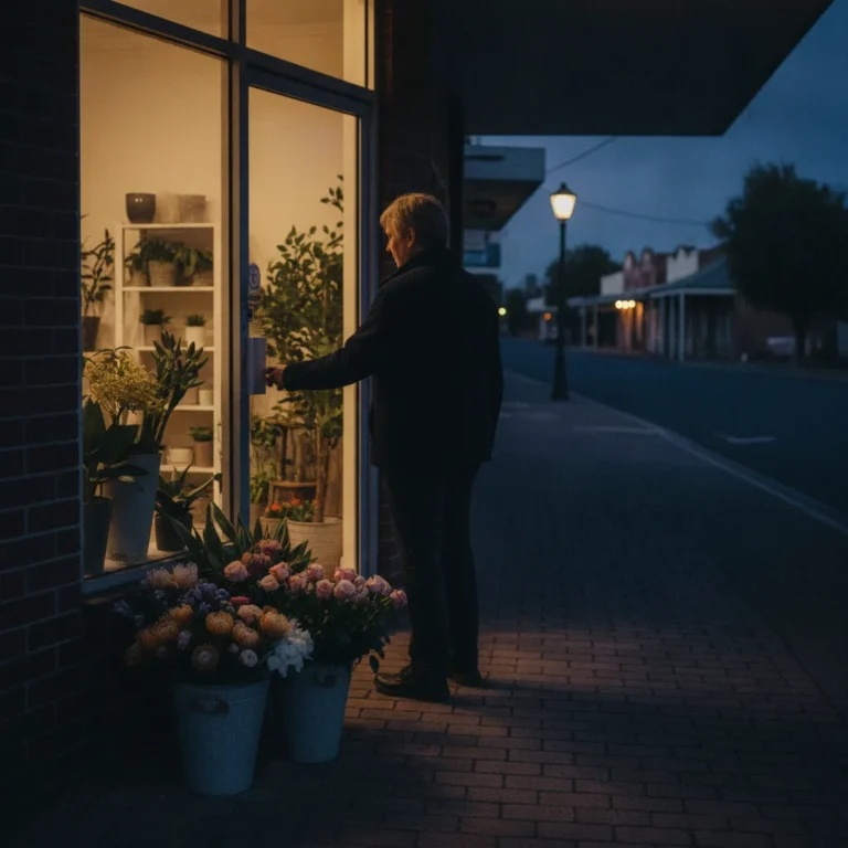 Florist locking up her shopfront at blue dusk with flower buckets outside