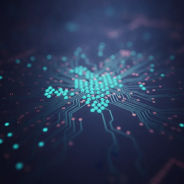 Close-up of a circuit board with glowing blue nodes linked by thin light trails