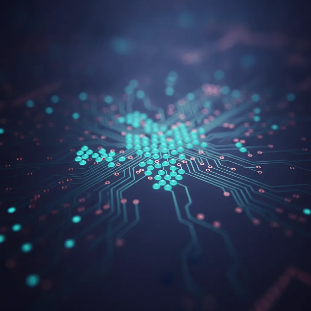Close-up of a circuit board with glowing blue nodes linked by thin light trails