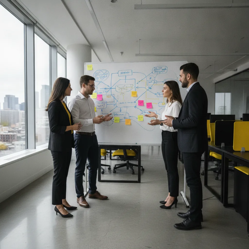 Four colleagues standing at a whiteboard of diagrams in a bright modern office