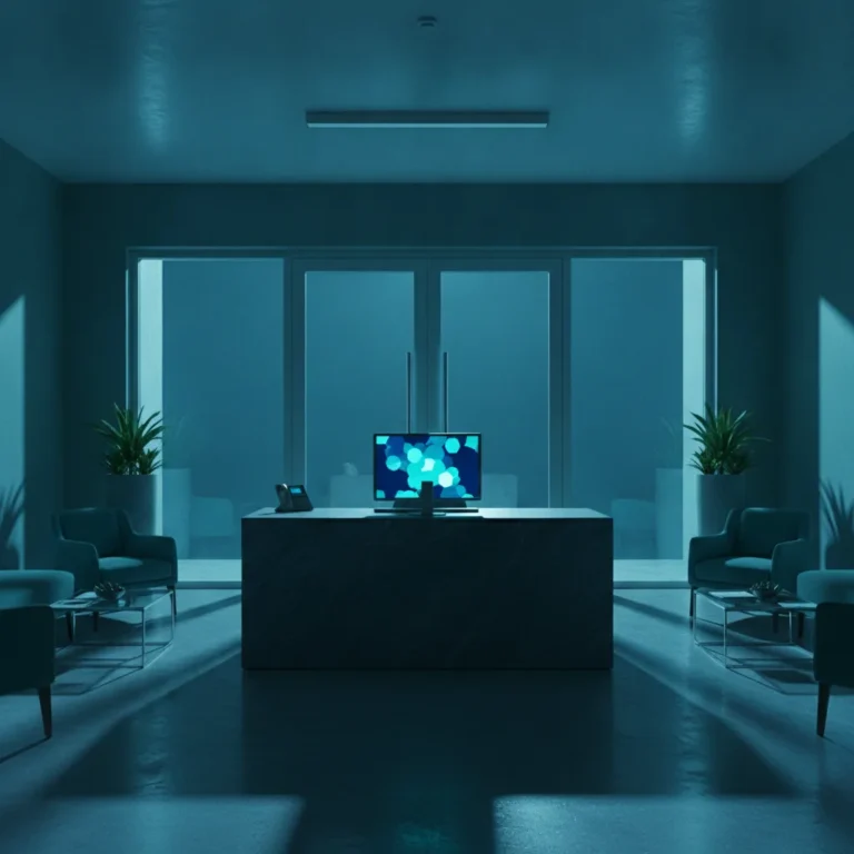 Empty clinic reception at night with a glowing desk phone and monitor