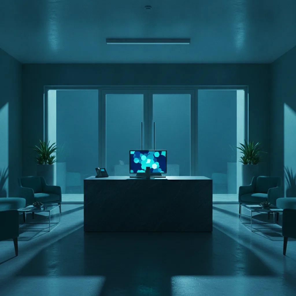 Empty clinic reception at night with a glowing desk phone and monitor