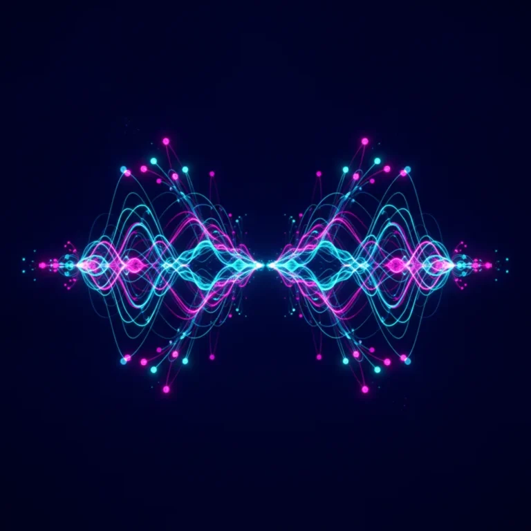 Glowing sound waves flowing into light trails and network nodes on a deep indigo background